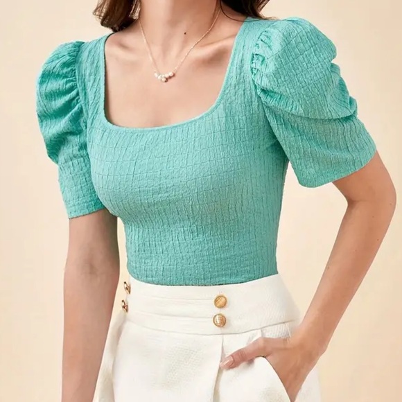 NEW| Textured Scoop Neck Puff Sleeve Chic & Trendy Blouse - Picture 4 of 5